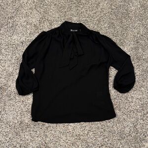 New York & Company Black Tie-Neck Blouse with 3/4 Sleeves